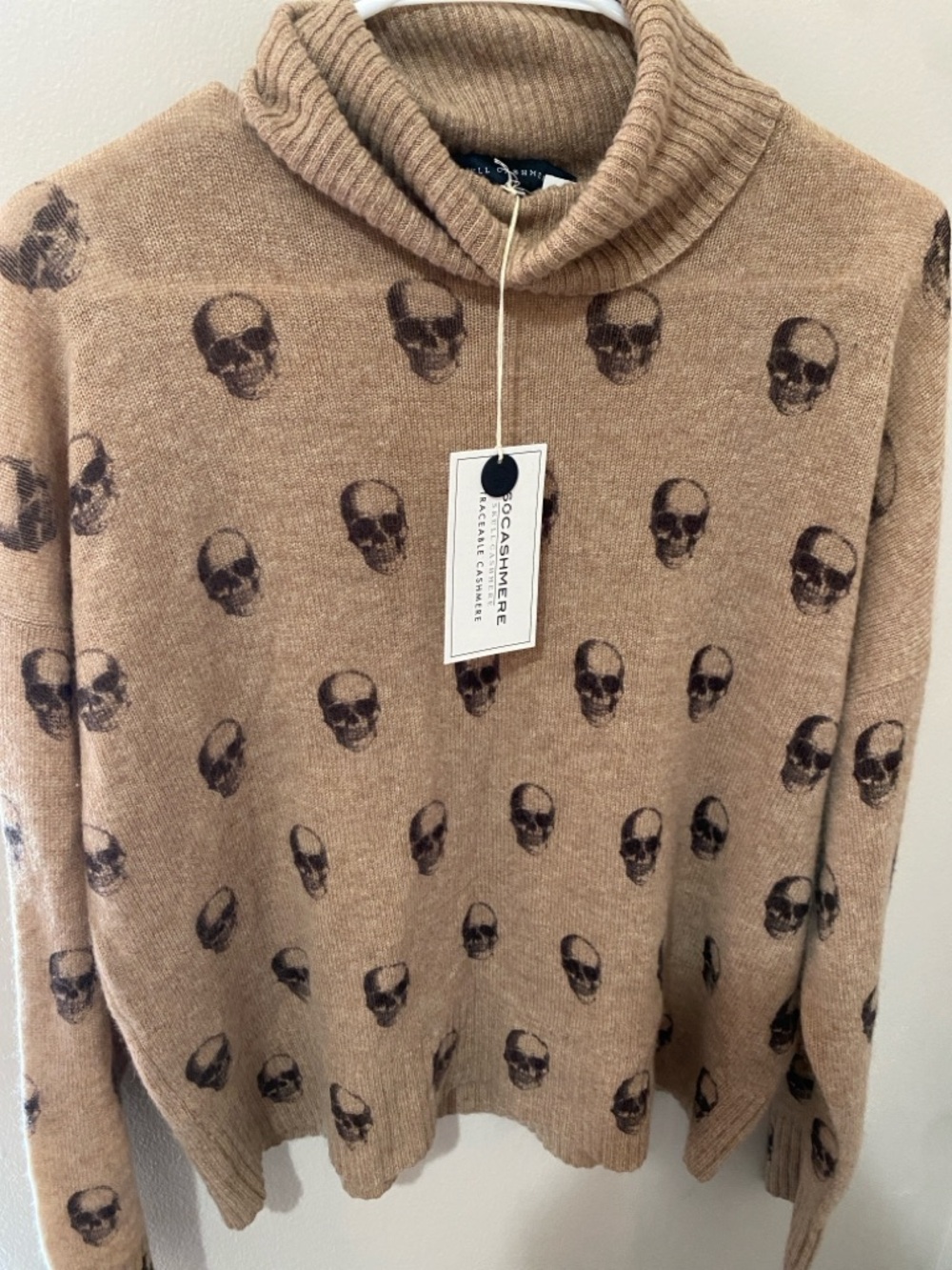 Skull Cashmere Tan Skull-Print Cashmere Turtleneck Sweater
